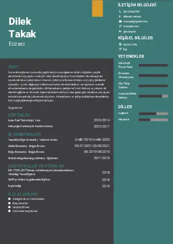 Eczacı CV Örnekleri cv indir